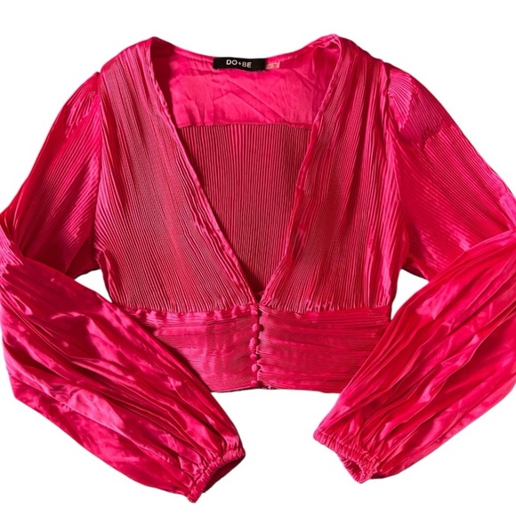 Do+Be Women's Pink Pleated Deep V Long Sleeve Blouse - Picture 1 of 4